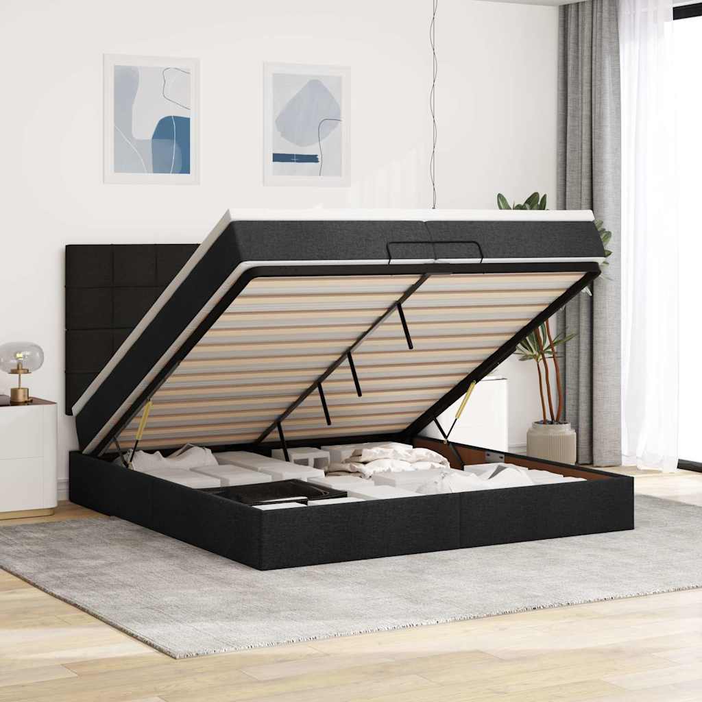 Otomanski okvir kreveta s madracima crni 200x200cm od tkanine