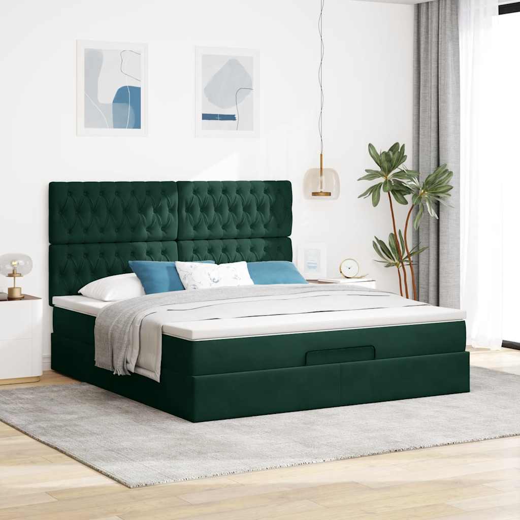 Okvir kreveta s madracima tamnozeleni 200x200cm baršunasti