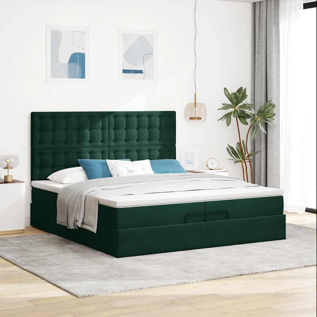 Okvir kreveta s madracima tamnozeleni 200x200cm baršunasti