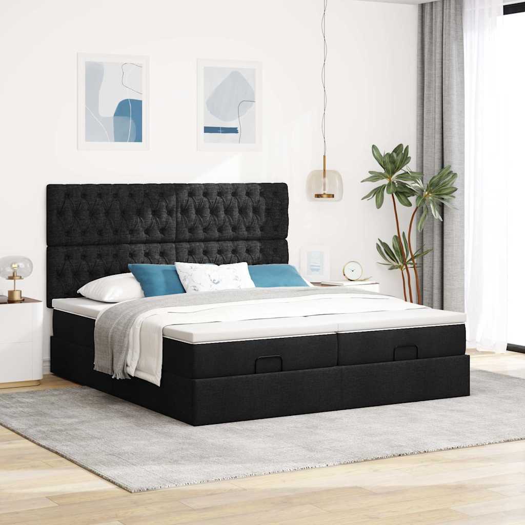Otomanski okvir kreveta s madracima crni 200x200cm od tkanine
