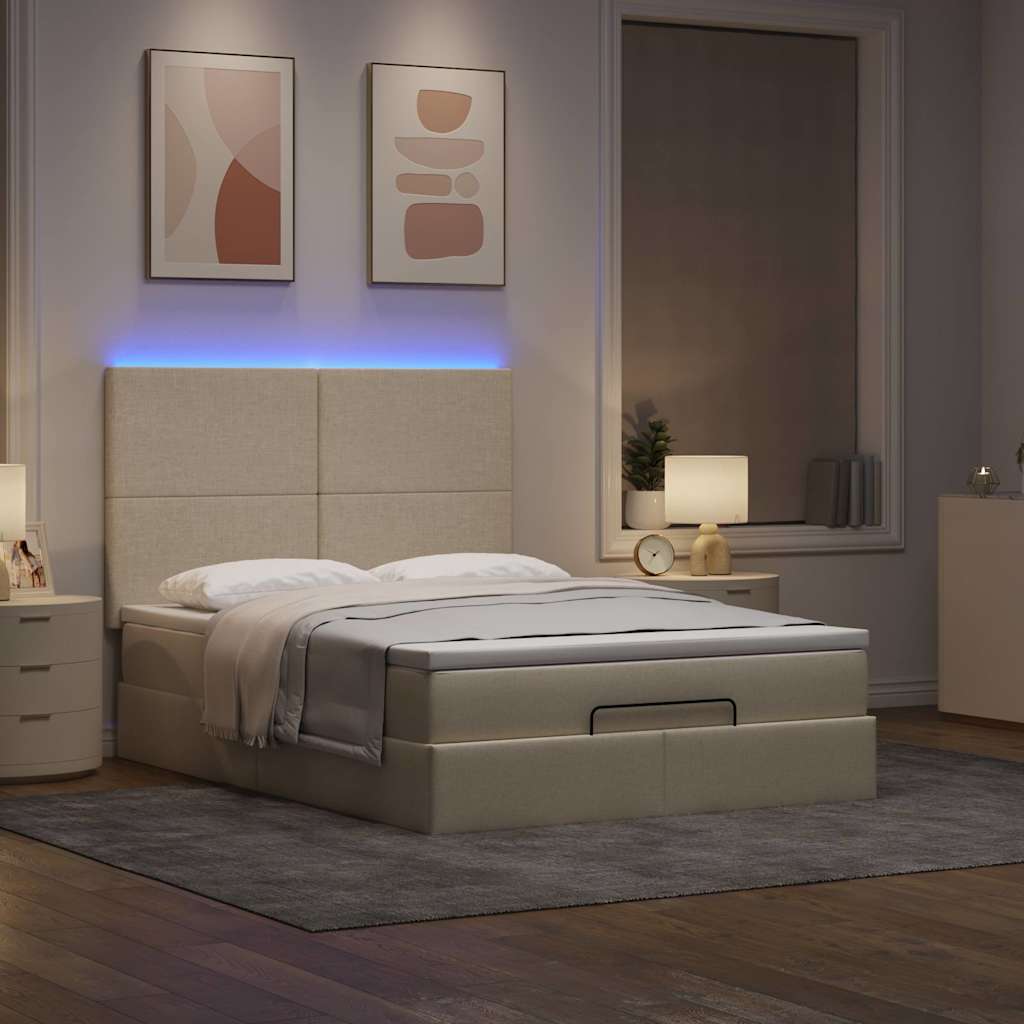 Otomanski krevet s madracem i LED krem 140x200 cm tkanine