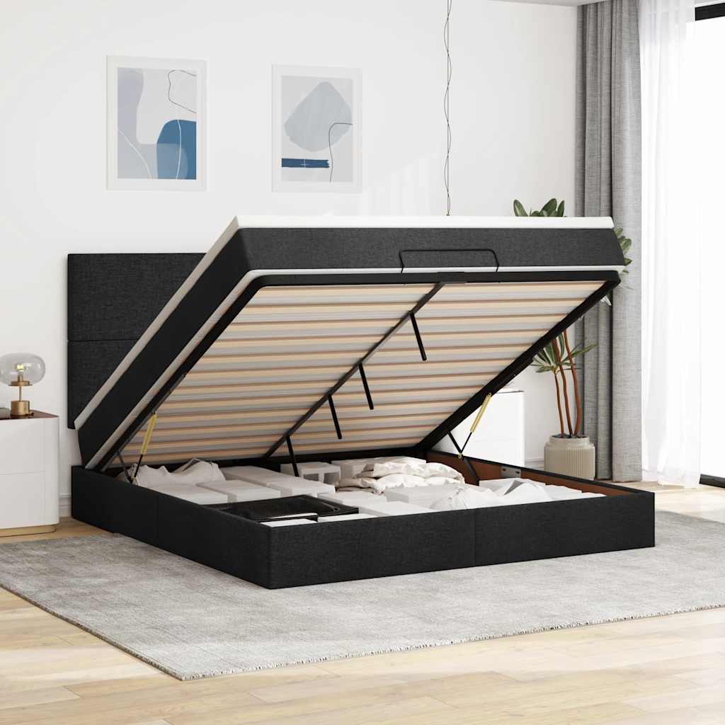 Otomanski krevet s madracem i LED crni 180x200cm od tkanine