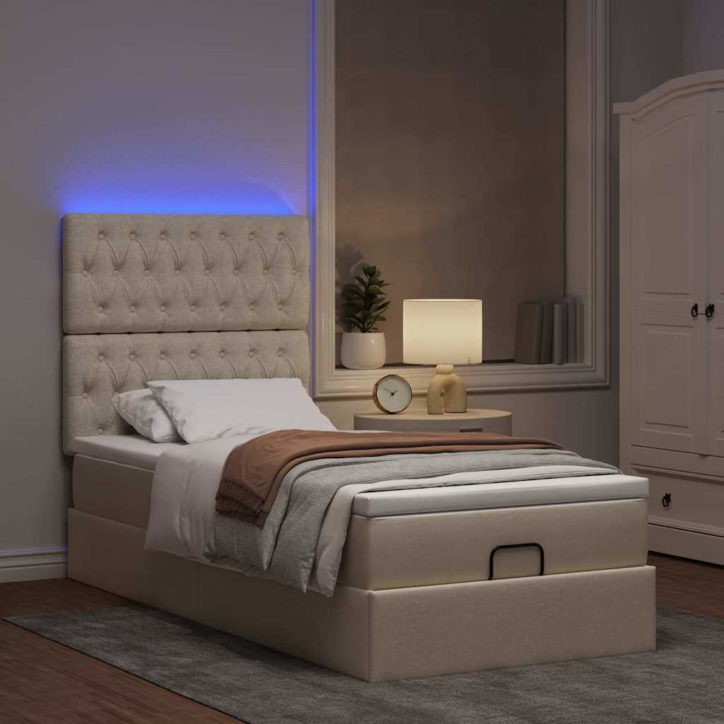Otomanski krevet s madracem i LED krem 90x200 cm tkanine