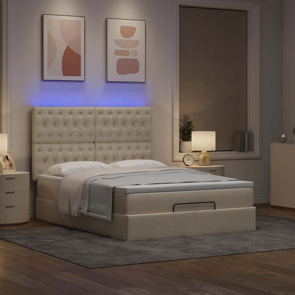 Otomanski krevet s madracem i LED krem 140x190 cm tkanine