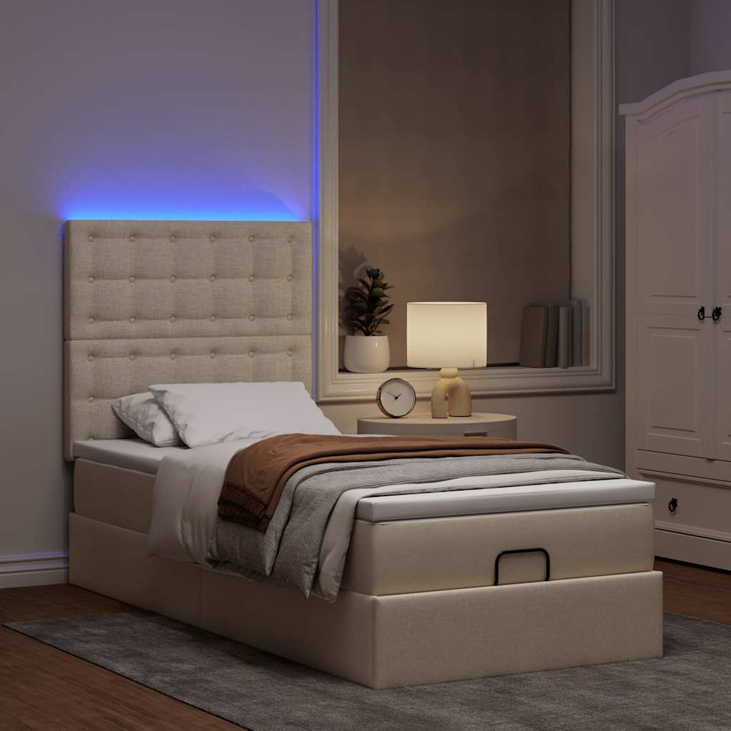 Otomanski krevet s madracem i LED krem 90x200 cm tkanine