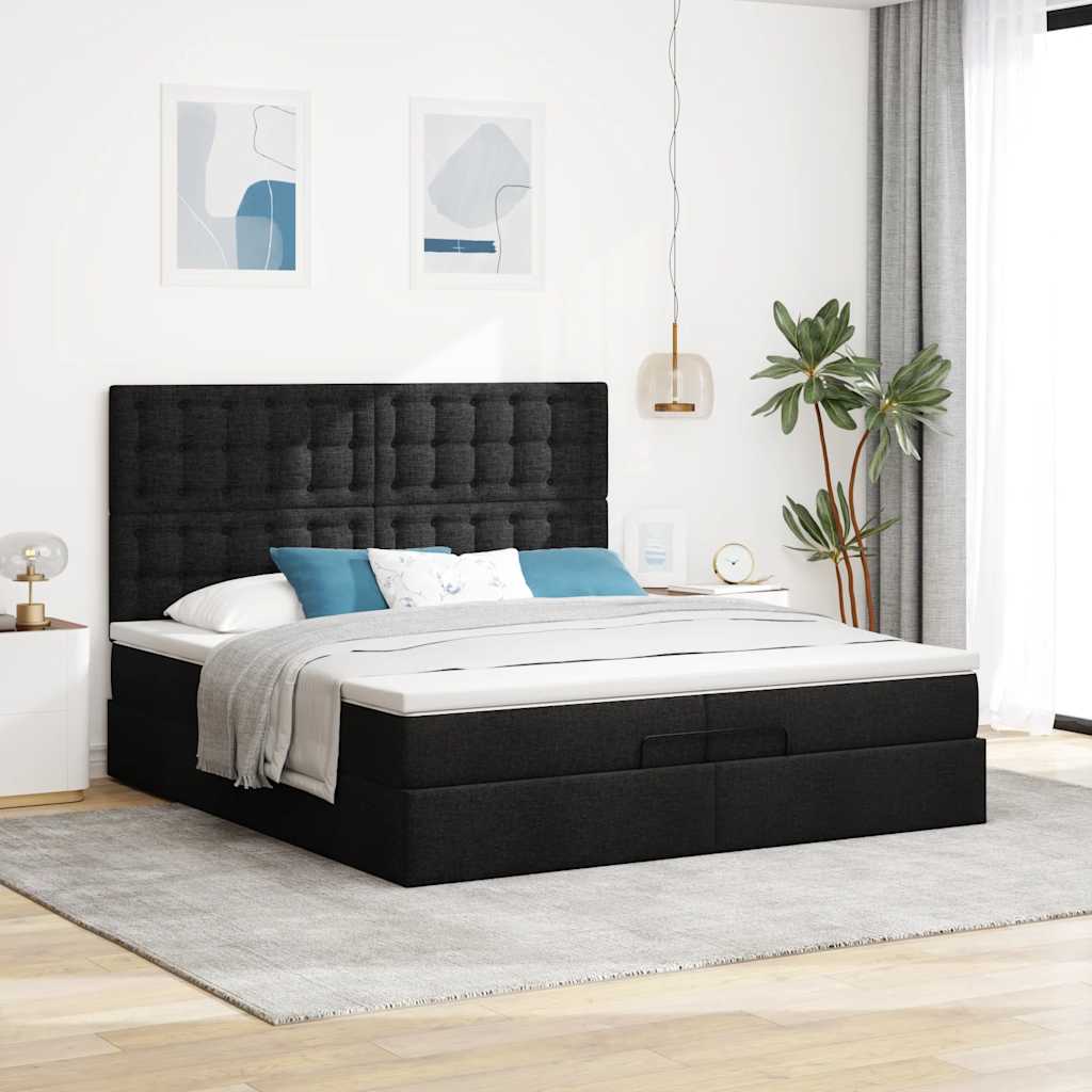Otomanski okvir kreveta s madracima crni 200x200cm od tkanine