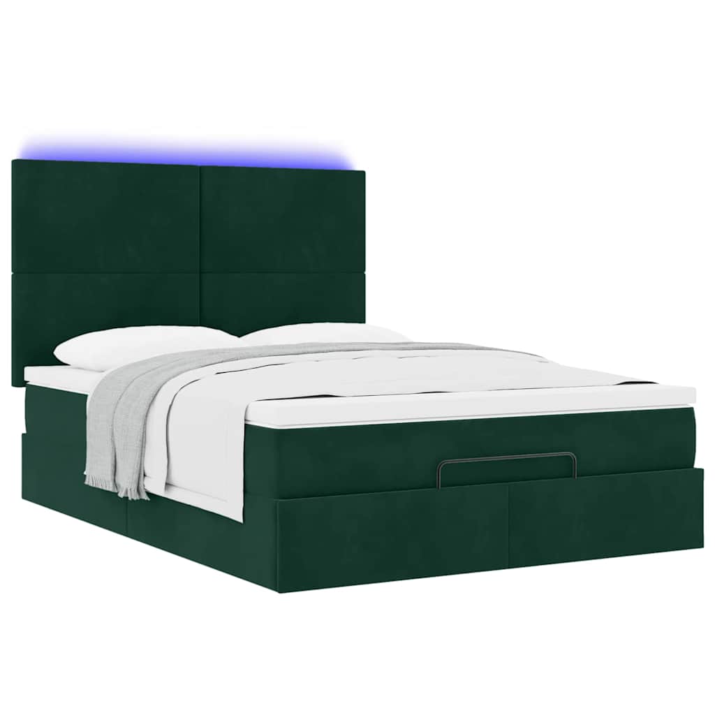 Ottoman krevet s madracima i LED diodama tamnozeleni 140x190 cm baršun
