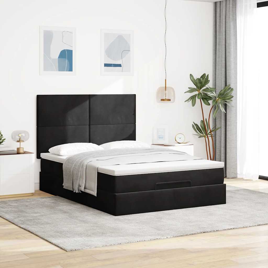 Ottoman krevet s madracima i LED diodama crni 140x200 cm baršun