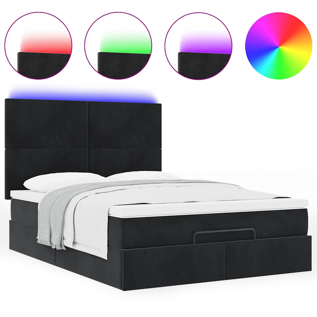 Ottoman krevet s madracima i LED diodama crni 140x200 cm baršun