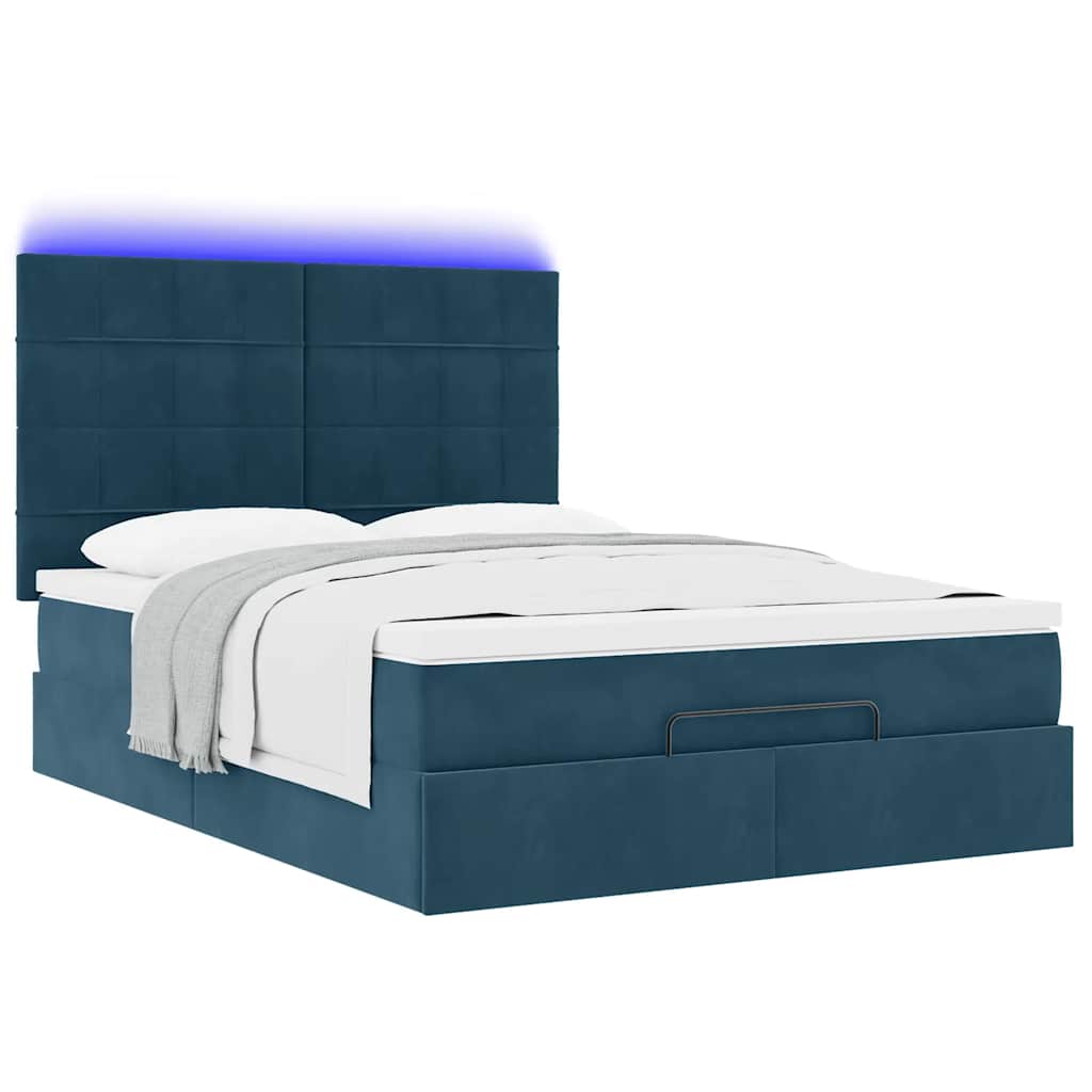 Ottoman krevet s madracima i LED diodama tamnoplavi 140x200 cm baršun