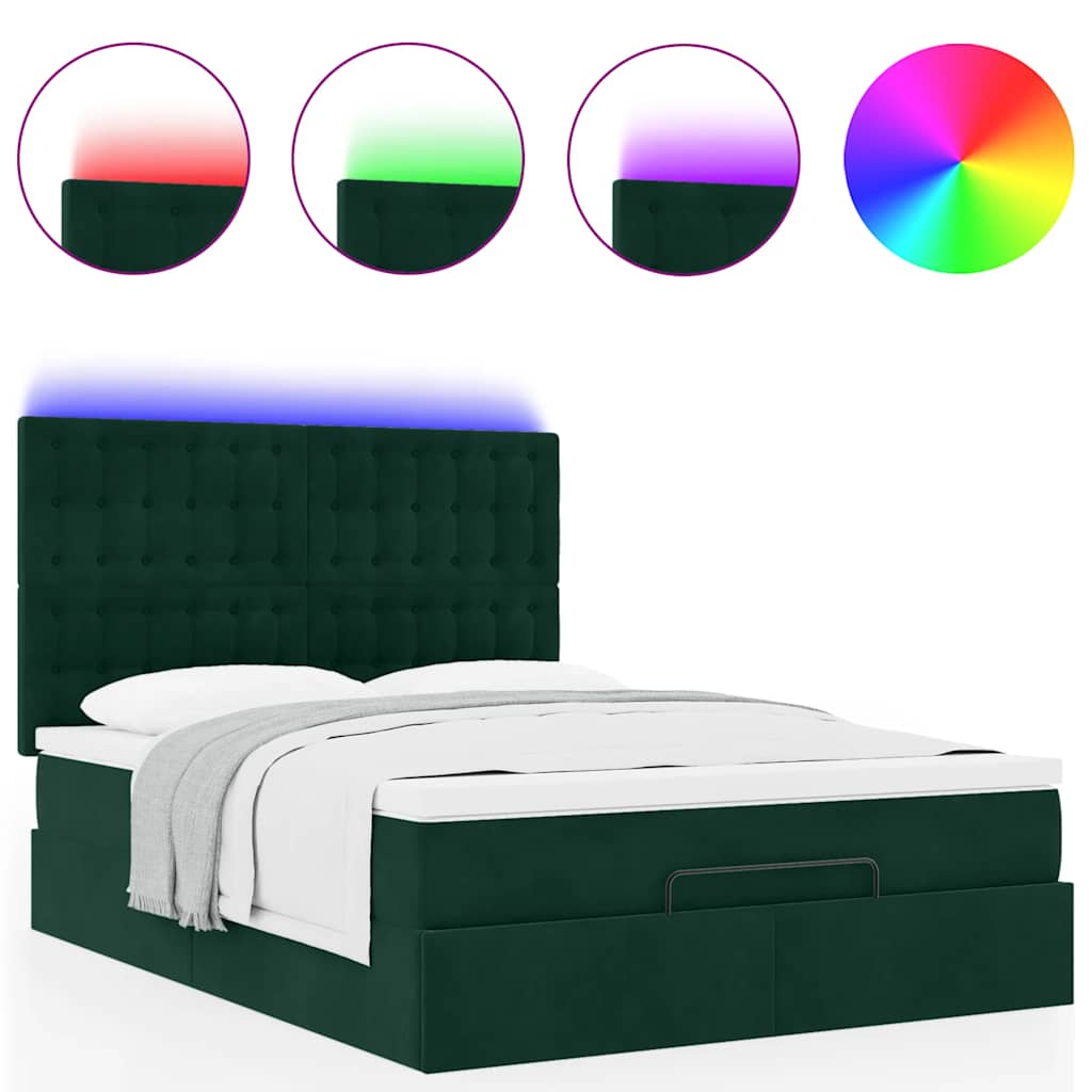 Ottoman krevet s madracima i LED diodama tamnozeleni 140x190 cm baršun
