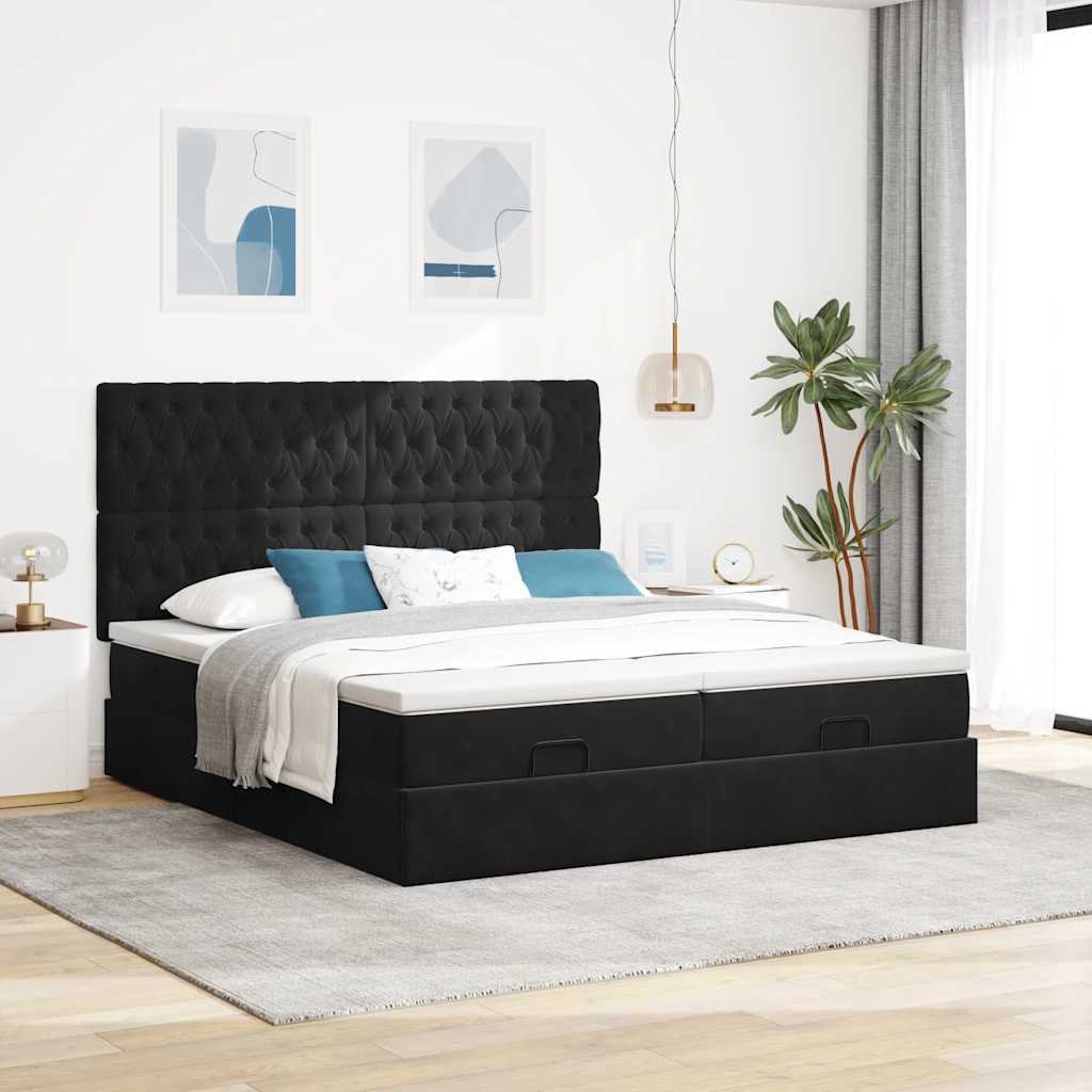 Otomanski okvir kreveta s madracima crni 200x200cm baršunasti