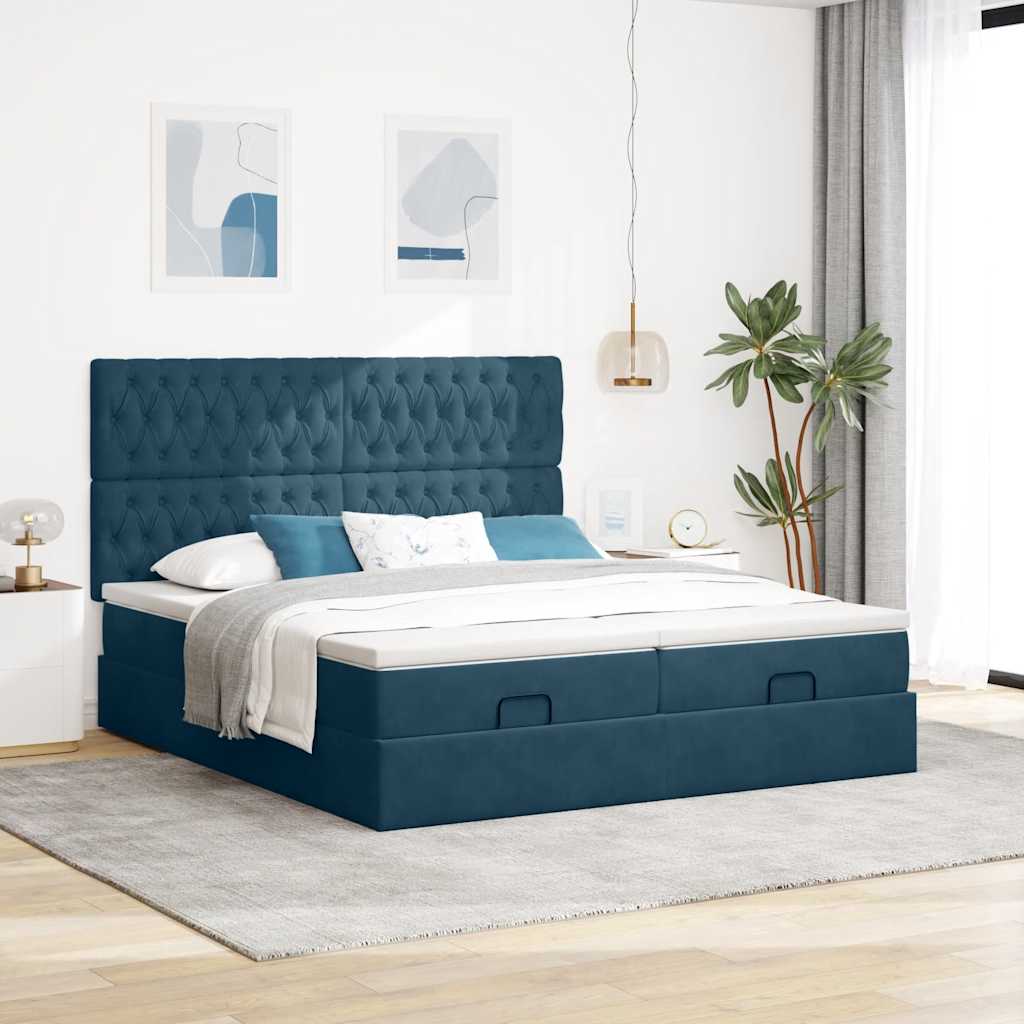 Otomanski okvir kreveta s madracima plavi 200x200cm baršunasti