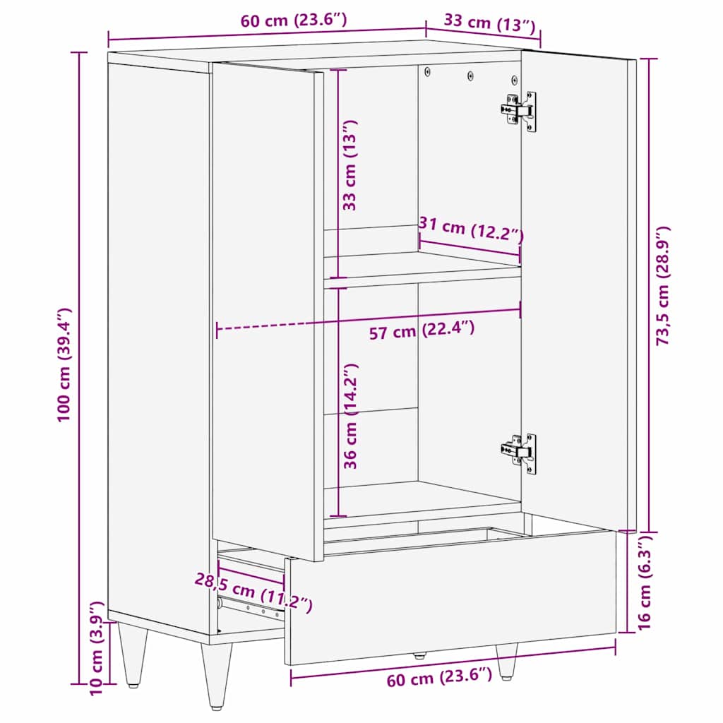 Highboard s ladicama Smeđa 60 x 33 x 100 cm Čvrsto drvo manga