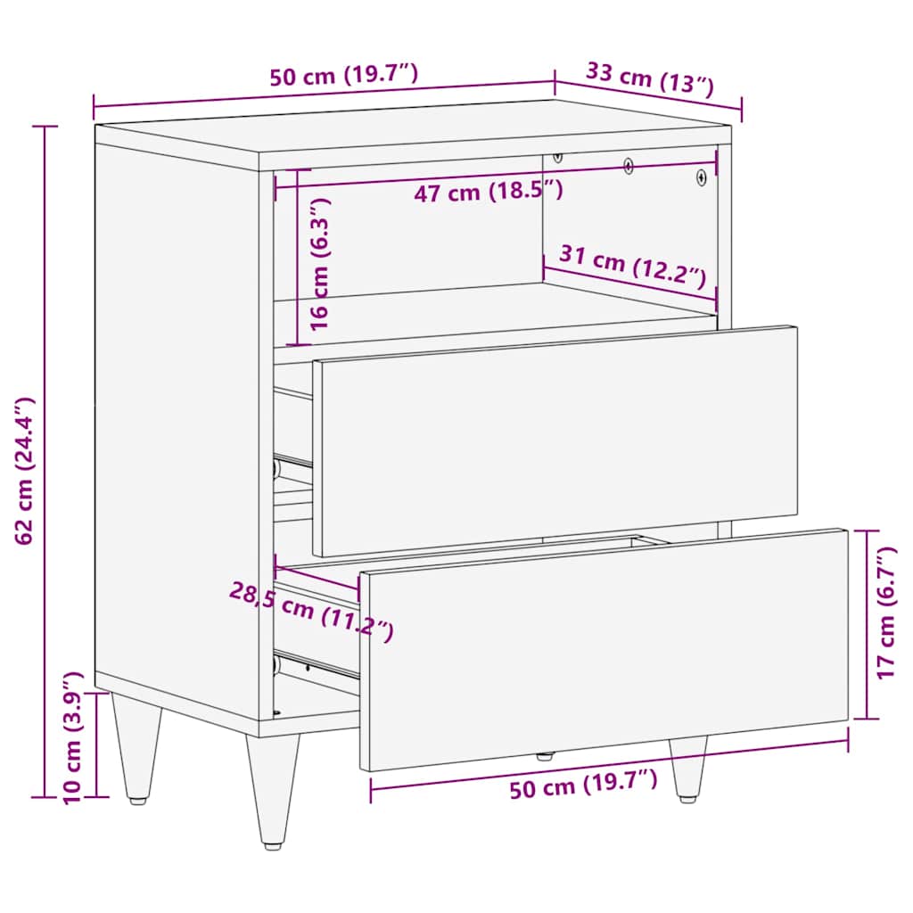 Noćni ormar s ladicama Crna 50 x 33 x 62 cm Čvrsto drvo manga