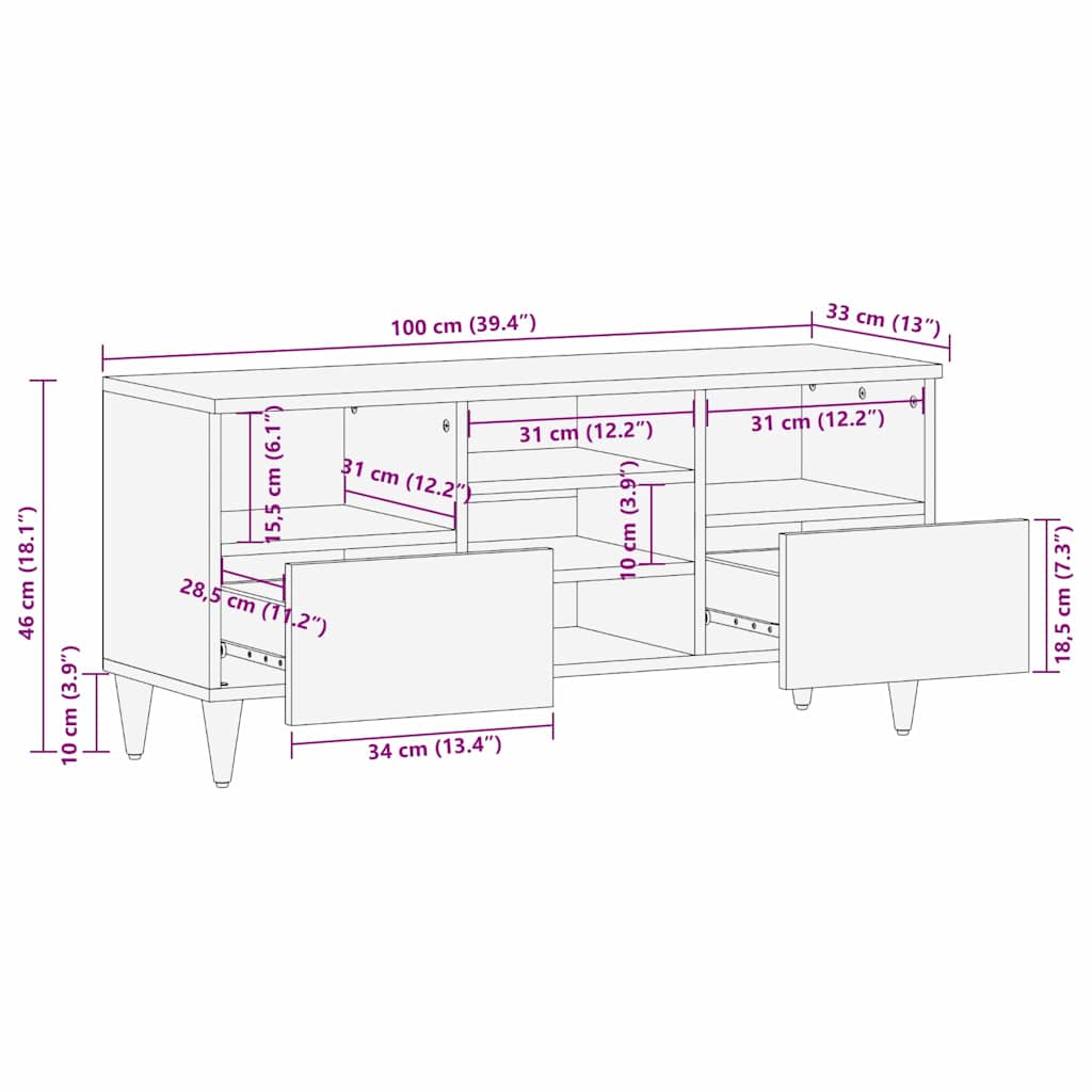 TV ormar s ladicama Crna 100 x 33 x 46 cm Čvrsto drvo manga