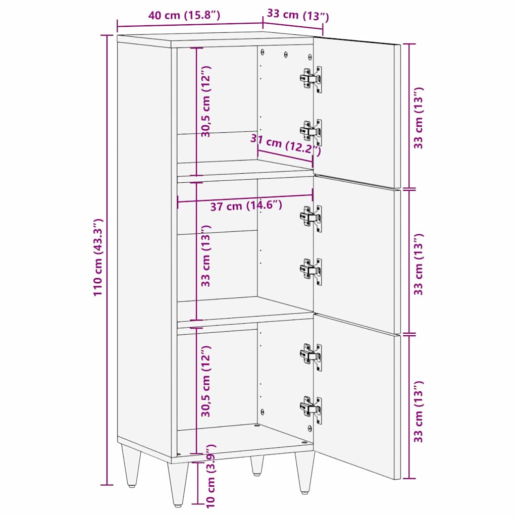 Highboard s policom Crna 40 x 33 x 110 cm Čvrsto drvo manga