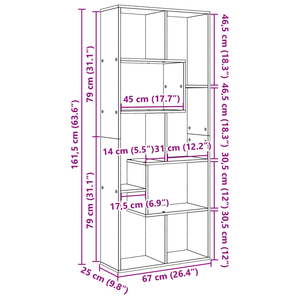 Pregrada / regal za knjige boja hrasta 67x25x161,5 cm drveni