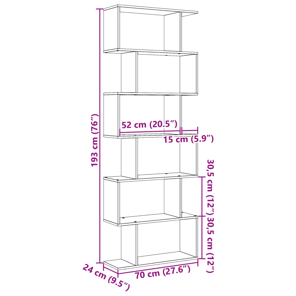 Pregrada / regal za knjige 6 razina bijeli 70x24x193 cm drveni