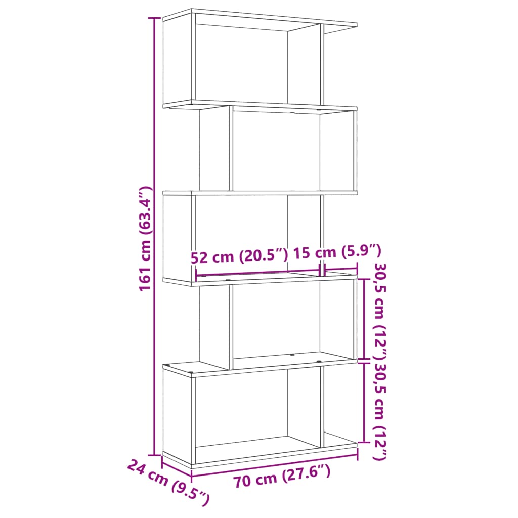 Pregrada / regal za knjige 5 razina hrast 70x24x161 cm drveni