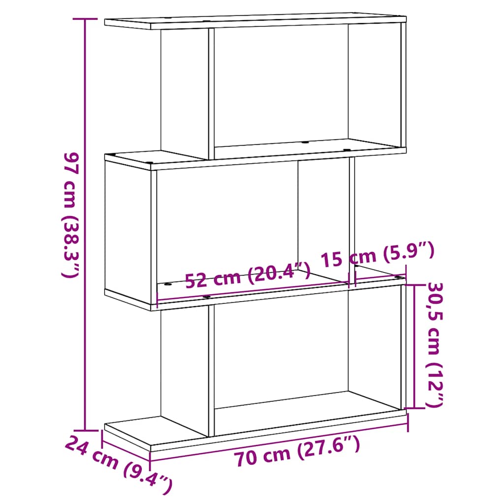 Pregrada / regal za knjige 3 razina hrast 70x24x97 cm drveni