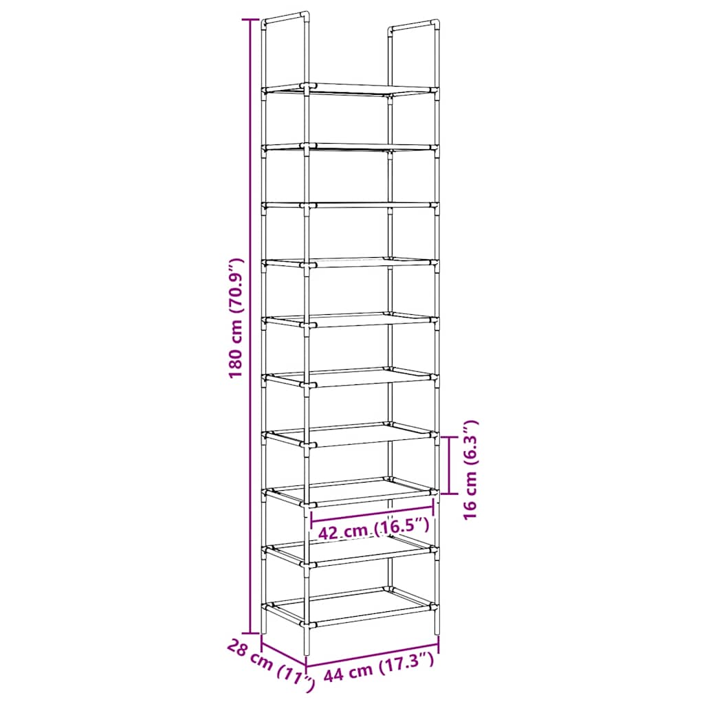 Stalak za cipele 10 razina crni 44x28x180 cm netkana tkanina