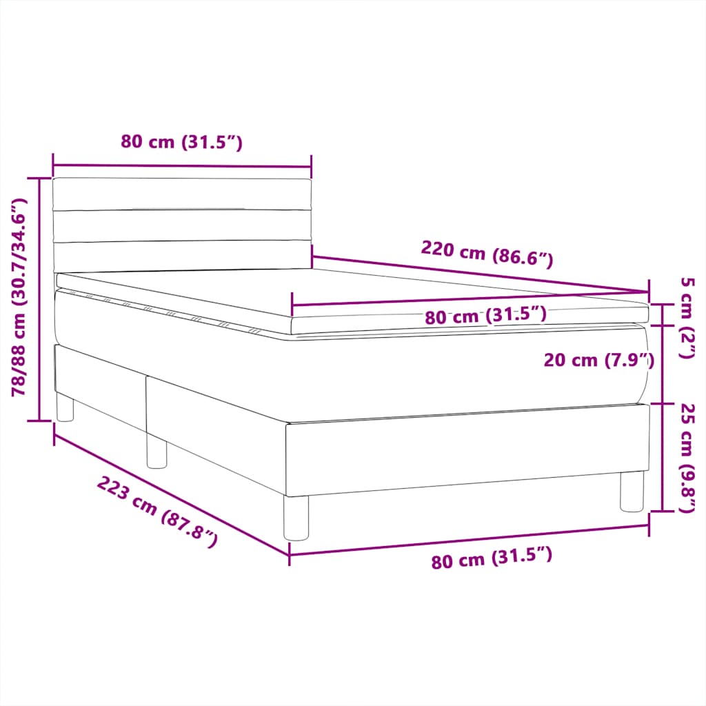 Box Spring krevet s madracem svijetlo sivi 80x220 cm samt