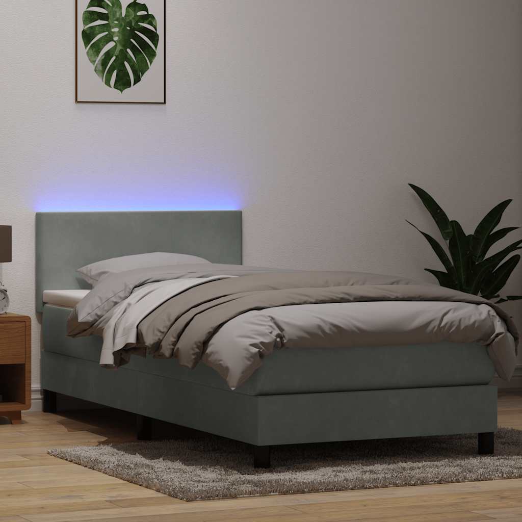 Box Spring krevet s madracem i LED svijetlo sivi 90x210 cm baršun