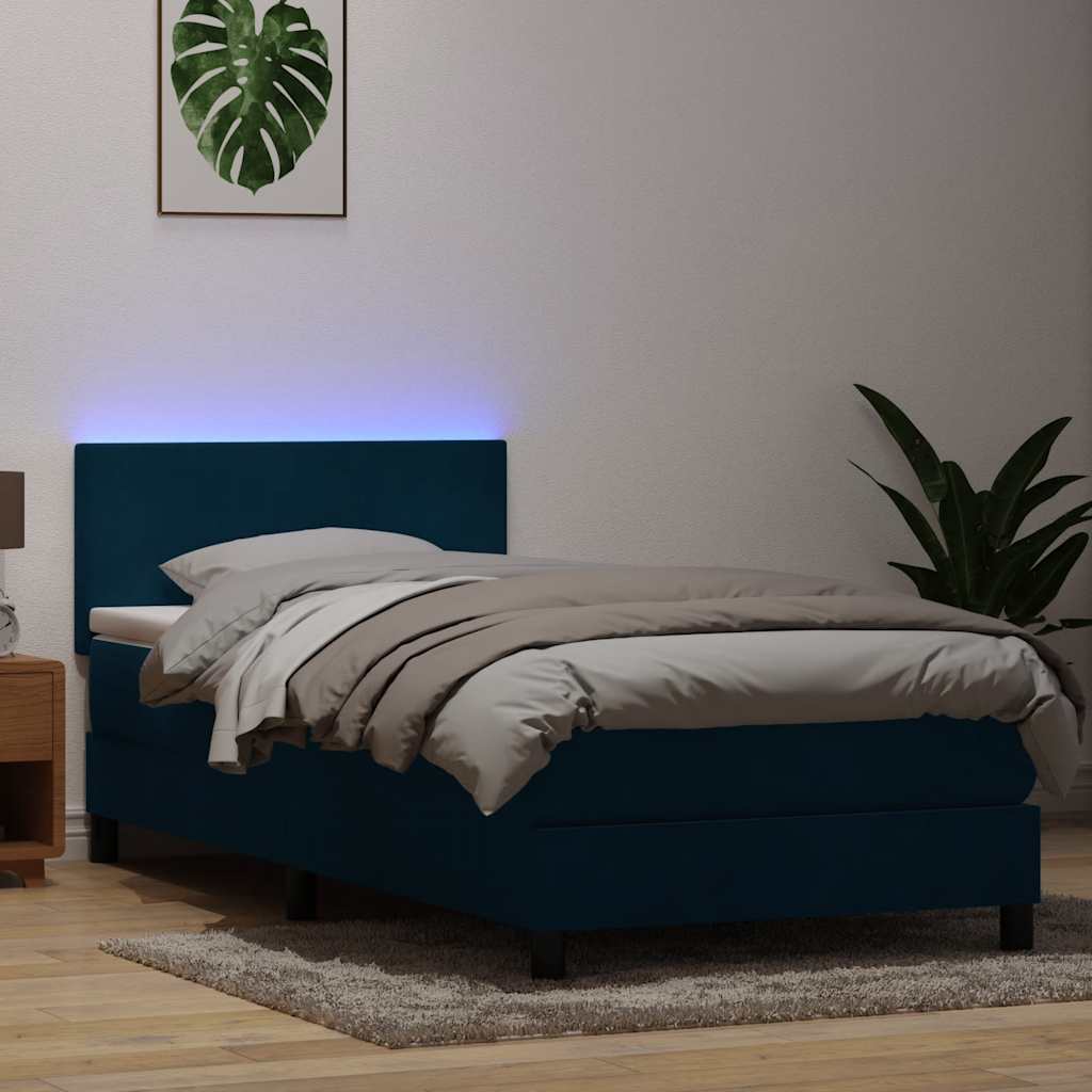 Box Spring krevet s madracem i LED tamnoplavi 80x220 cm baršunasti