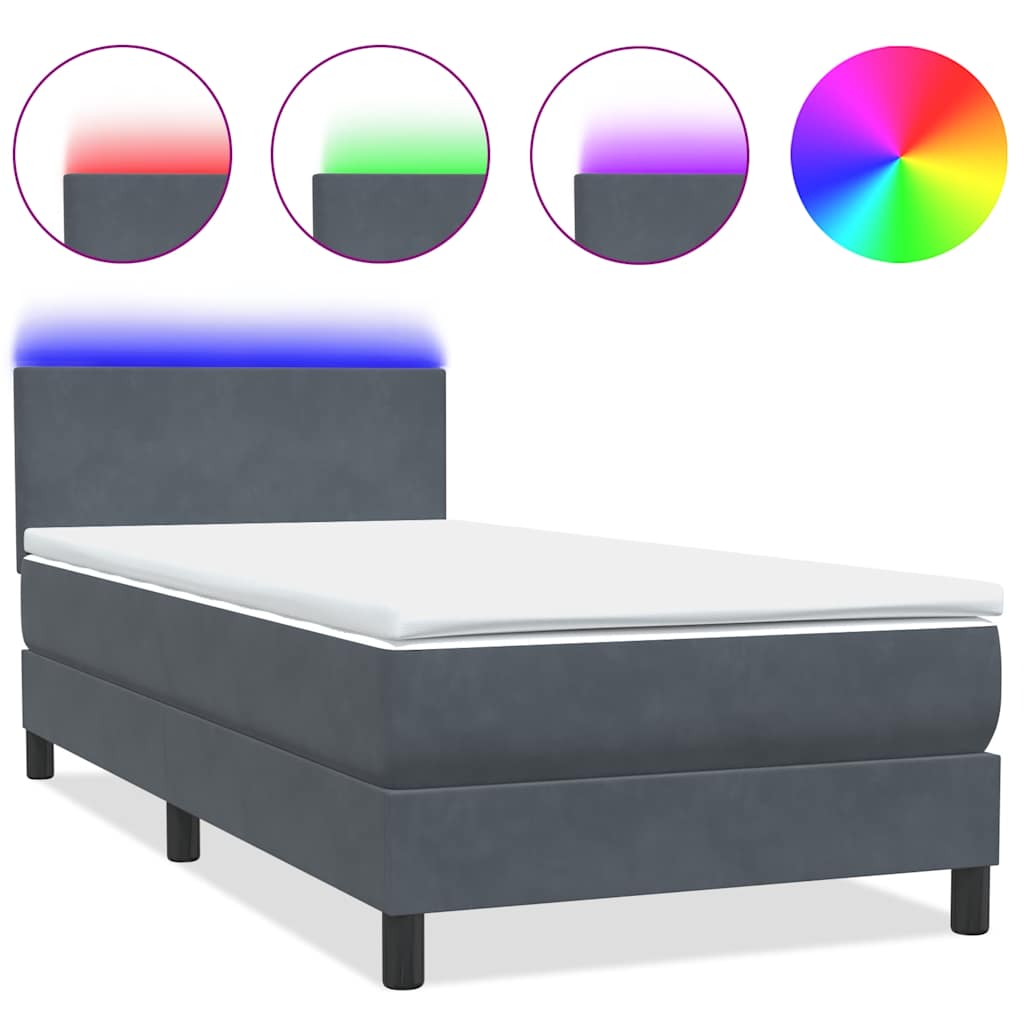 Box Spring krevet s madracem i LED tamnosivi 90x220 cm baršunasti