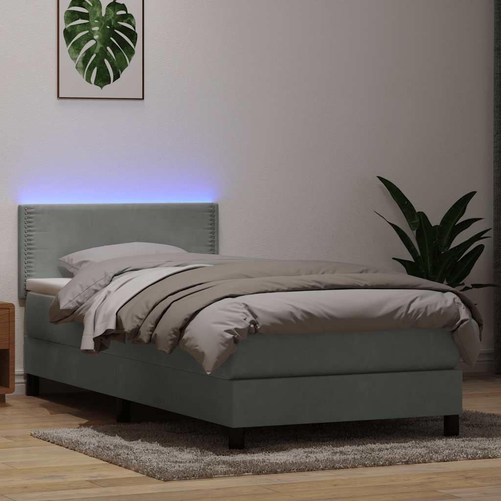 Box Spring krevet s madracem i LED svijetlo sivi 80x210 cm baršun