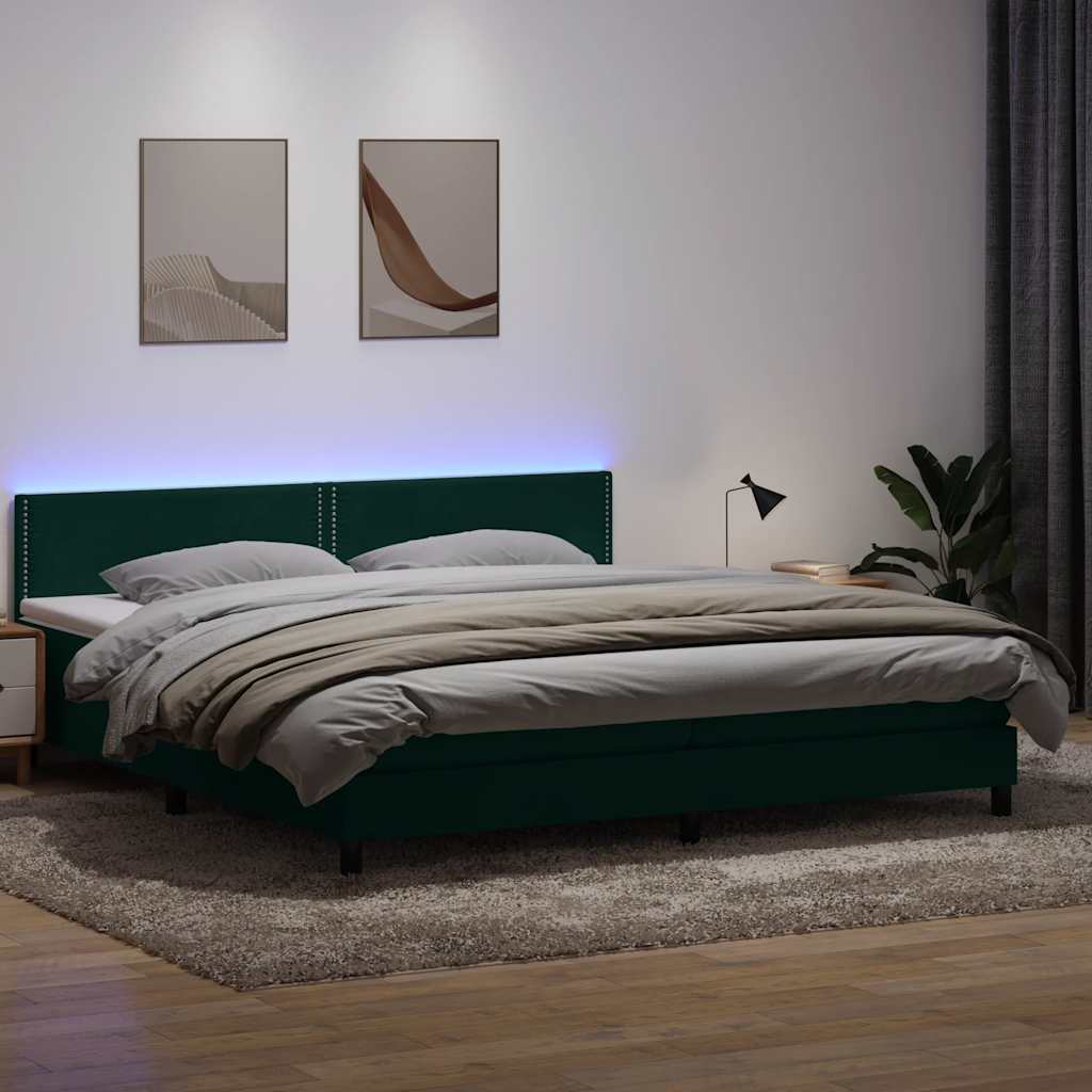Box Spring krevet s madracem i LED tamno zeleni 180x220 cm baršun
