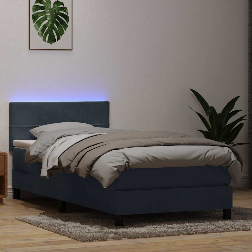 Box Spring krevet s madracem i LED tamnosivi 90x220 cm baršunasti