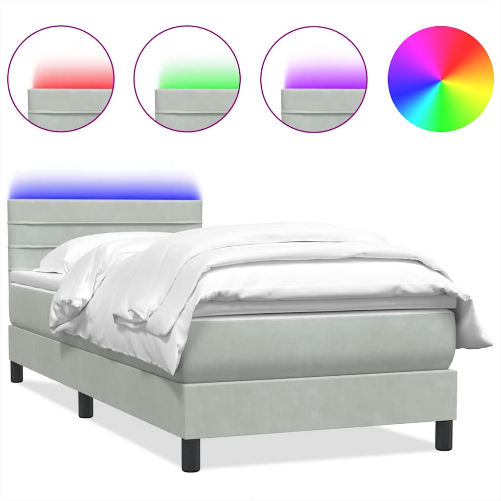 Box Spring krevet s madracem i LED svijetlo sivi 90x210 cm baršun