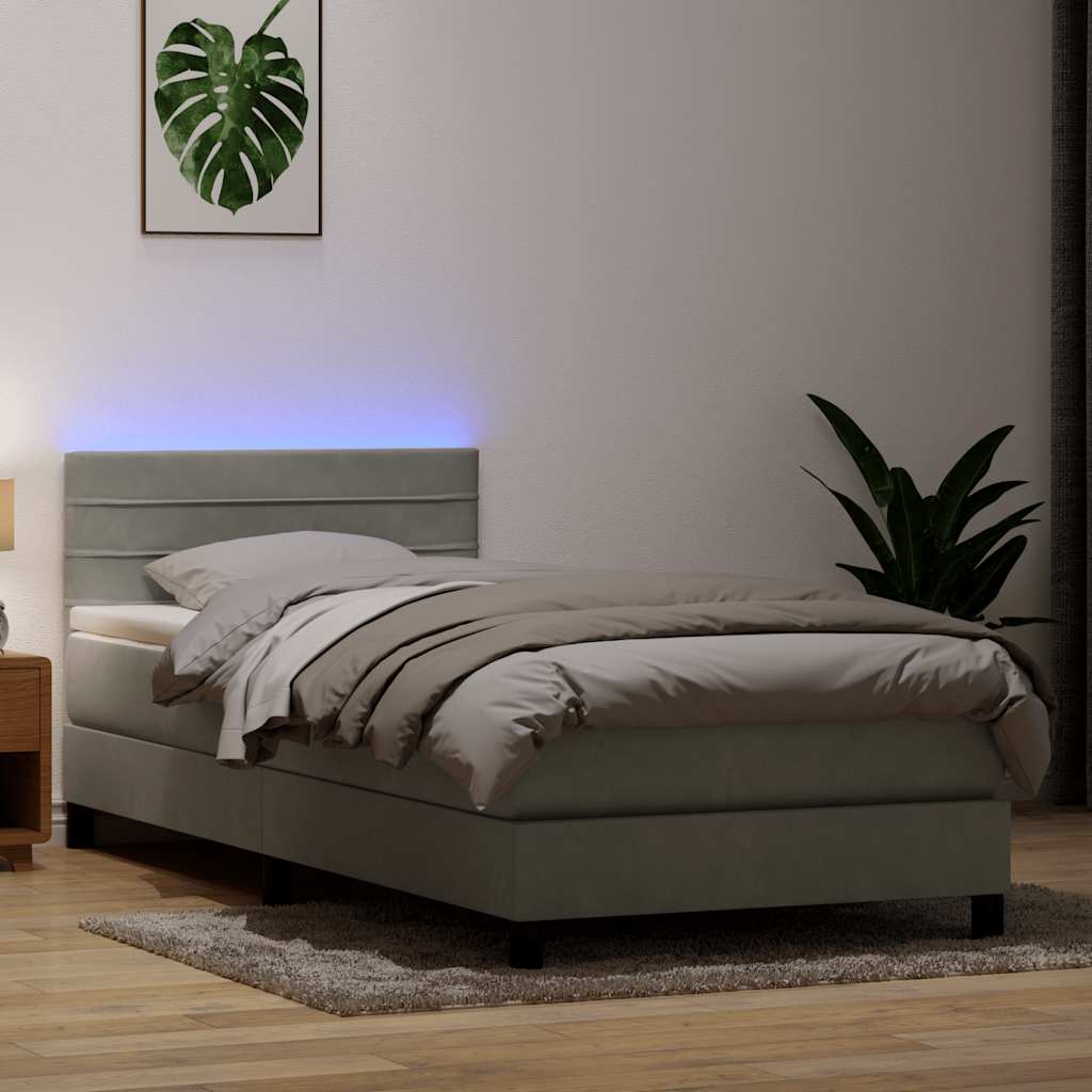 Box Spring krevet s madracem i LED svijetlo sivi 90x210 cm baršun