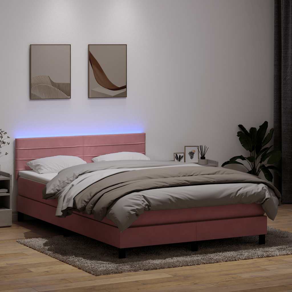 Krevet s oprugama i madracem LED ružičasti 140x210 cm baršunasti