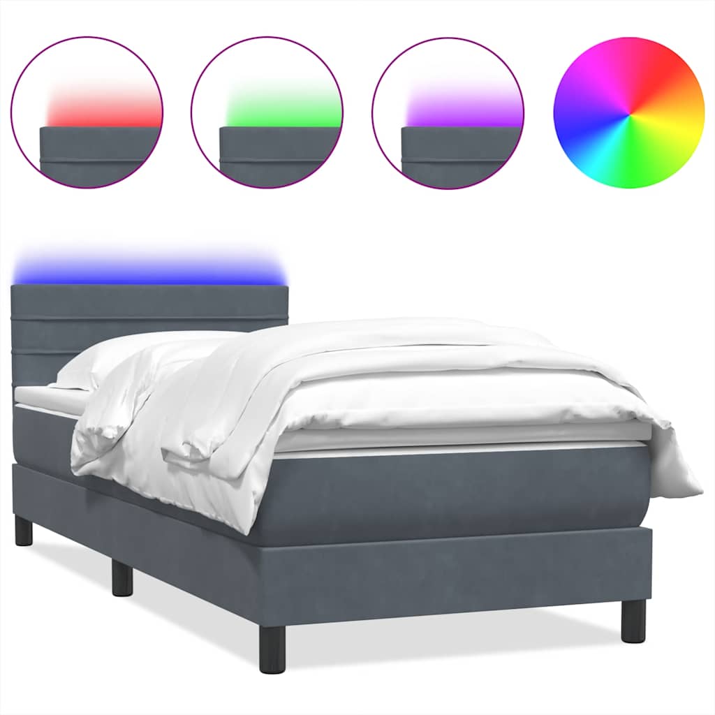 Box Spring krevet s madracem i LED tamnosivi 90x220 cm baršunasti