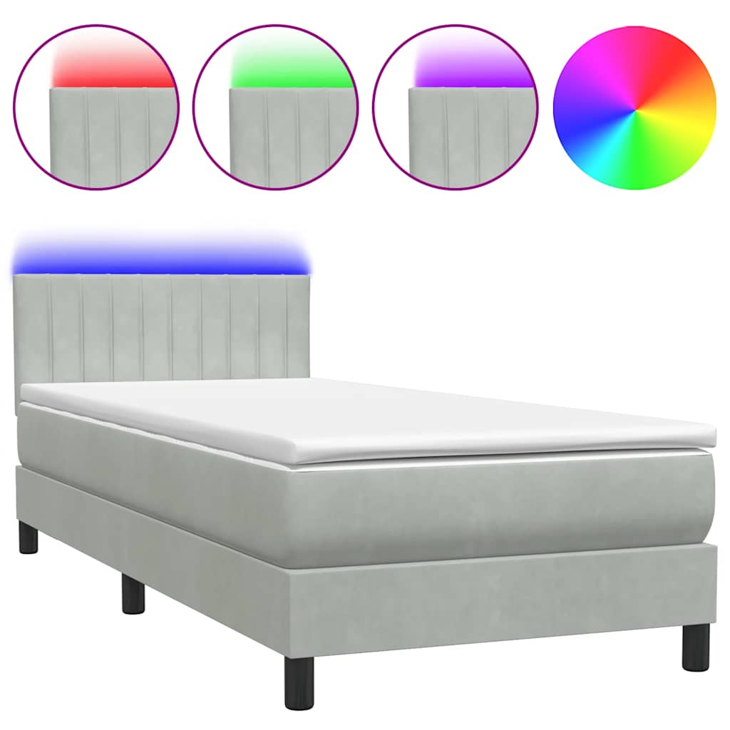 Box Spring krevet s madracem i LED svijetlo sivi 90x210 cm baršun