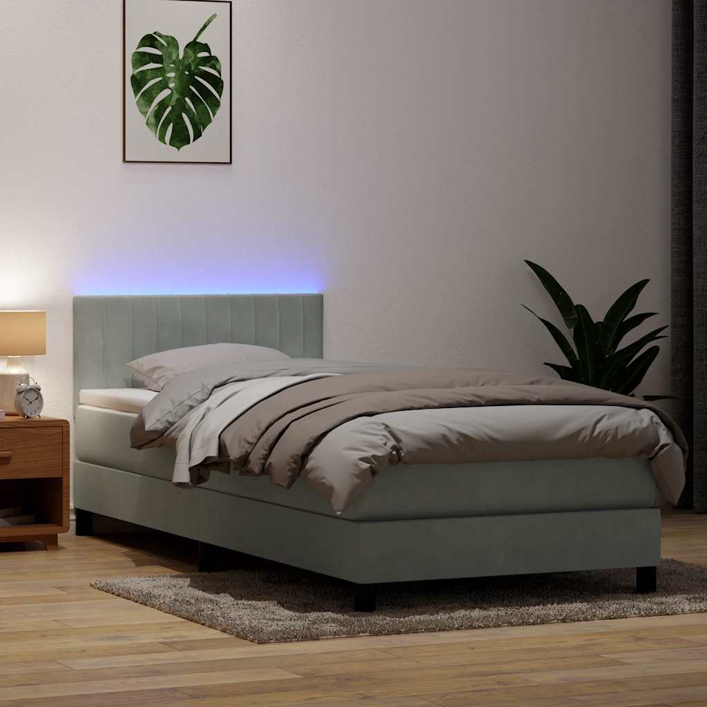 Box Spring krevet s madracem i LED svijetlo sivi 90x210 cm baršun