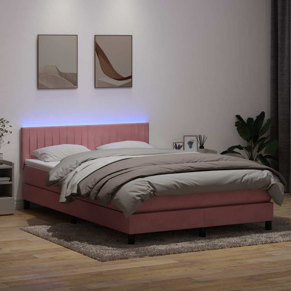 Krevet s oprugama i madracem LED ružičasti 140x210 cm baršunasti