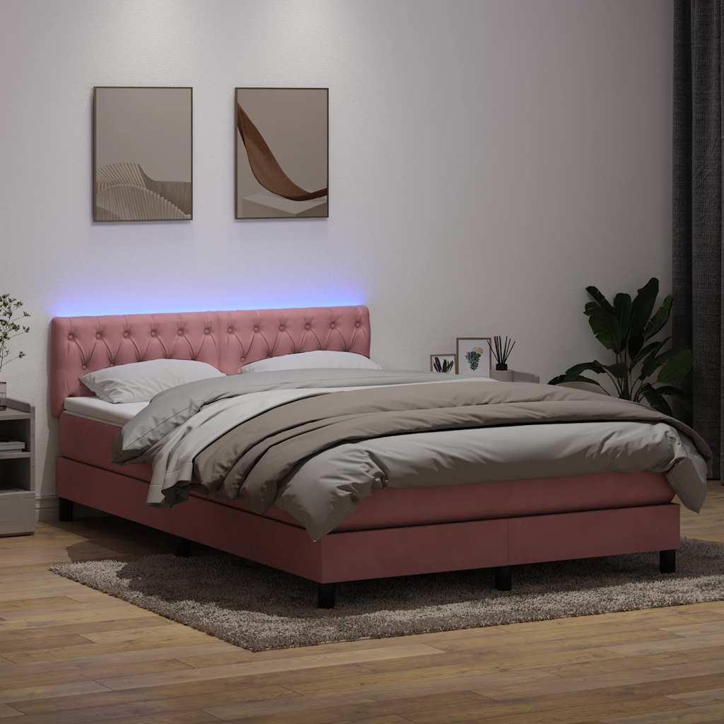 Krevet s oprugama i madracem LED ružičasti 140x210 cm baršunasti