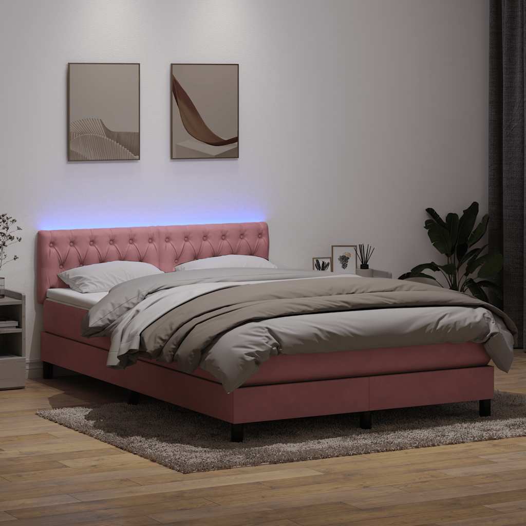 Box Spring krevet s madracem i LED ružičasti 140x220 cm baršun