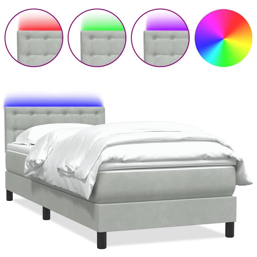 Box Spring krevet s madracem i LED svijetlo sivi 90x210 cm baršun