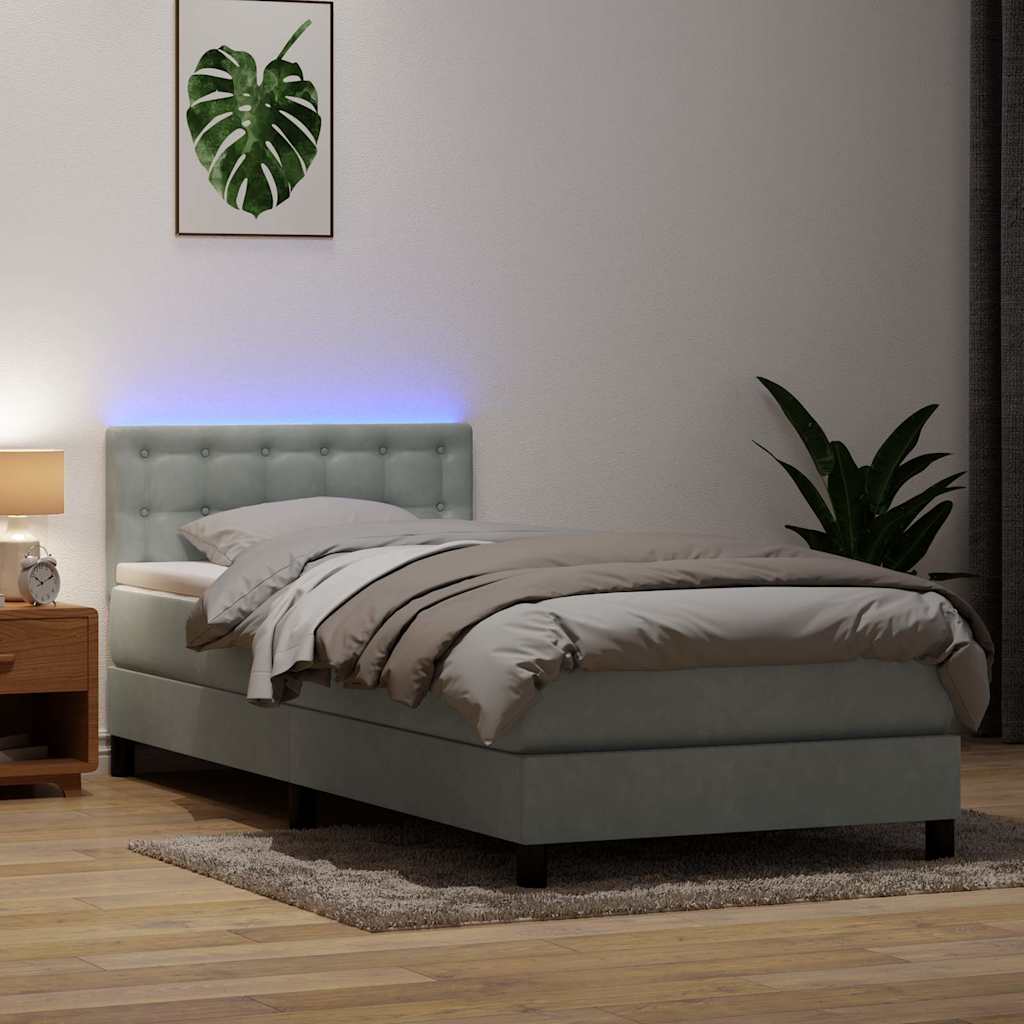Box Spring krevet s madracem i LED svijetlo sivi 90x210 cm baršun