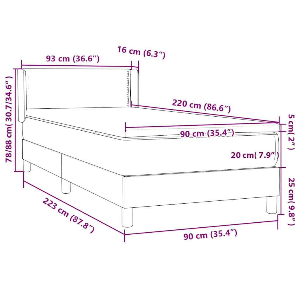 Box spring krevet s madracem tamnosivi 90x220 cm baršunasti