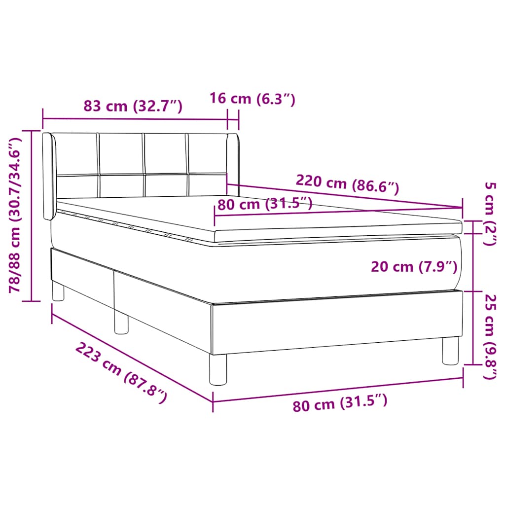 Box spring krevet s madracem tamnosivi 80 x 220 cm baršunasti
