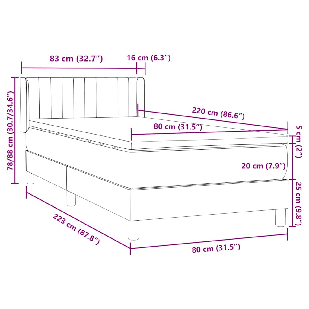 Box spring krevet s madracem tamnosivi 80 x 220 cm baršunasti