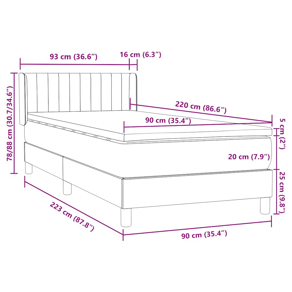 Box spring krevet s madracem tamnosivi 90x220 cm baršunasti