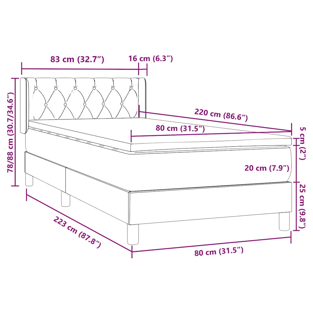 Box Spring krevet s madracem svijetlo sivi 80x220 cm samt