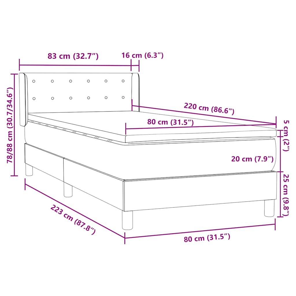 Box Spring krevet s madracem svijetlo sivi 80x220 cm samt
